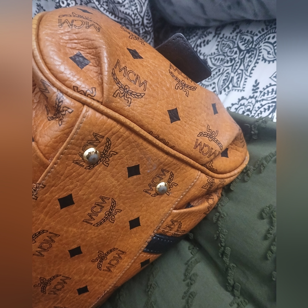 MCM Cognac and Black Logo Satchel - Picture 6 of 8